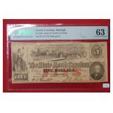 1863 $5 State of NC, Raleigh PMG 63 Choice UNC