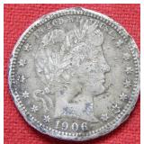 1906 Barber Silver Quarter - Rim Damage