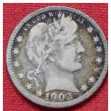 1902 O Barber Silver Quarter