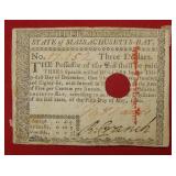 1780 Massachutes $3 Note