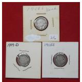 1908 S -1909 D - 1915 S Barber Dimes