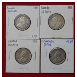 1910 - 1912 - 1919 - 1928 Canada Quarters