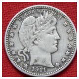 1911 D Barber Silver Quarter Coin