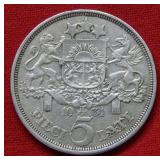1931 Latavia 5 Lati Silver Coin