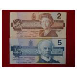 1986 $2 & $5 Canada Notes