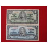 1937 $1 & $5 Canada Notes