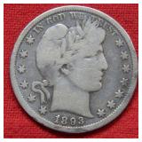 1893 S Barber Silver Half Dollar Coin