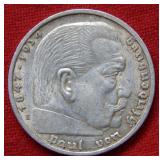 1939 German 5 Mark Coin with Swasticka