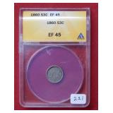 1860 Three Cent Silver Coin ANACS EF45