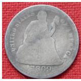 1869 S Seated Liberty Silver Dime Coin