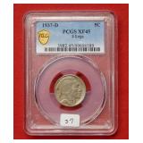 1937 D Three Legged Buffalo Nickel PCGS XF45