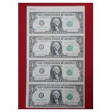1981 A Partial Sheet of Four $1 Uncut Notes