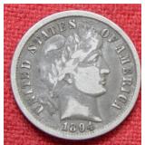 1894 Barber Silver Dime Coin