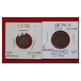 (2) German Coins - 1876 1 pfenning-1874 2 pfenning