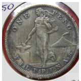 1907 S Philippines Silver Peso Coin