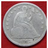 1847 Seated Liberty Silver Dollar - No Motto