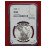 1922 Peace Silver Dollar NGC MS63