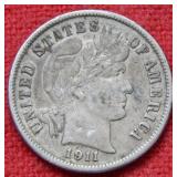 1911 D Barber Silver Dime