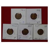 Lot of 5 Lincoln Wheat Cents from 1910s and 20s