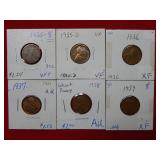 Lot of 6 Lincoln Wheat Cents from the 1930s