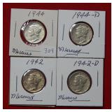 1942 and 1944 P&D Mercury Silver Dimes