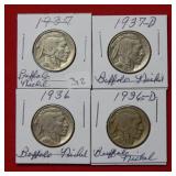 (4) Buffalo Nickels-1936, 1936 D, 1937, and 1937 D