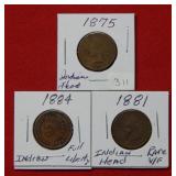 (3) Indian Head Cents - 1881, 1884, and 1875
