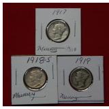 (3) Mercury Silver Dimes- 1917,1918 S, and 1919