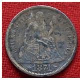 1874 S Seated Liberty Silver Dime - with Arrows