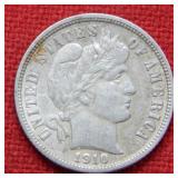 1910 D Barber Silver Dime Coin