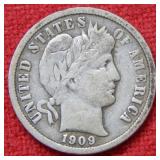 1909 D Barber Silver Dime