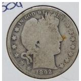 1892 Barber Silver Half Dollar Coin
