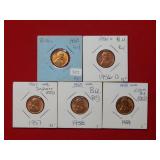(5) Lincoln Cents - Red - 1950 -56 D-57-58-59