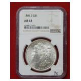 1881 S S Morgan Silver Dollar Coin NGC MS63