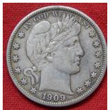 1909 S Barber Silver Half Dollar Coin