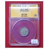 1872 Three Cent Nickel ANACS VF Details -Scratches