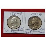 (2) Washington Silver Quarters - 1963 D & 1964 D