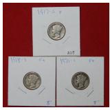(3) Mercury Silver Dimes- 1917 S - 1918 S -1931 S