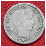 1907 S Barber Silver Dime
