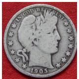 1905 S Barber Silver Half Dollar Coin