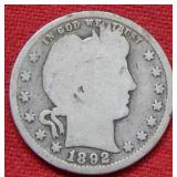 1892 S Barber Silver Quarter Coin