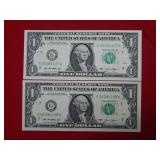 (2) 2013 $1 Consecutive Fed Res Notes- low serial