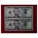 (2) 2013 Consecutive $5 Fed Res Notes - low serial