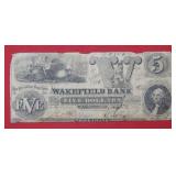1857 $5 Bank Note - Wakefield Bank, Rhode Island