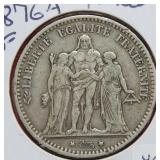 1876 A France 5 Franc Coin