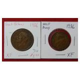 (2) 1936 Great Britain One & Half Penny Coins