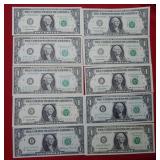 (10) Crisp $1 Federal Reserve Notes