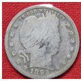 1892 S Barber Silver Quarter Coin