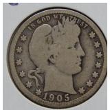 1905 O Barber Silver Quarter