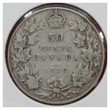 1910 Canadian Silver Half Dollar Coin